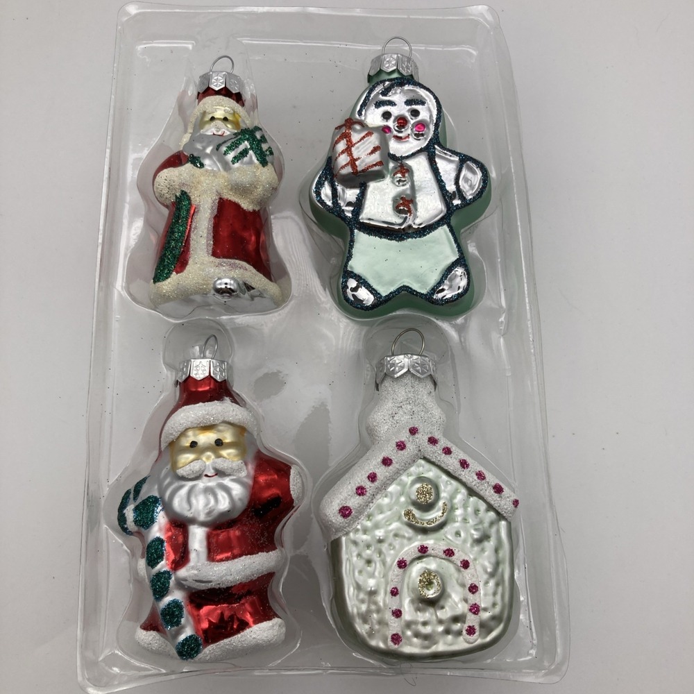 PIER 1 Blown Glass Christmas Ornaments Set of 4 Santas Gingerbread Man & House